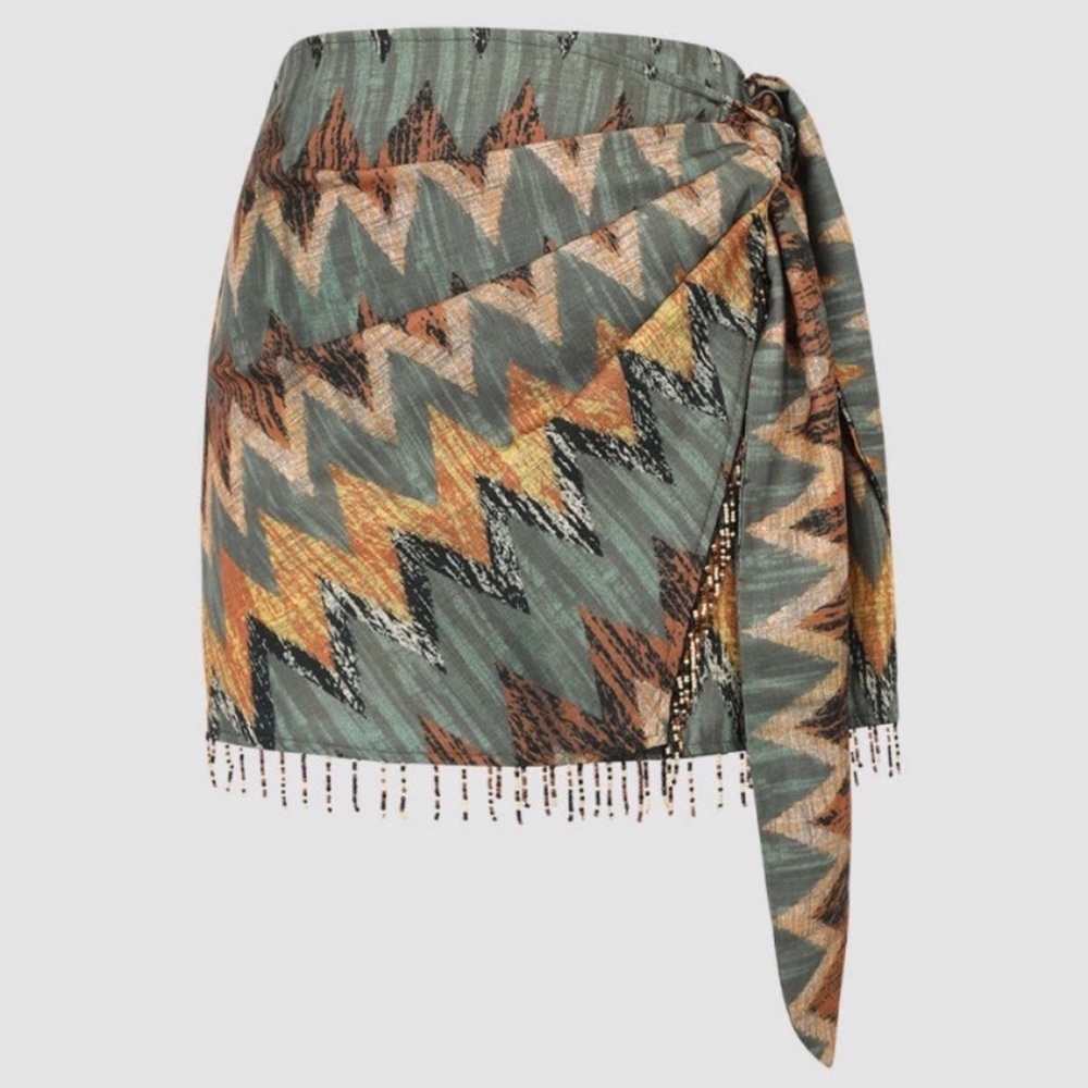 Patterned Mini Skirt with Fringe